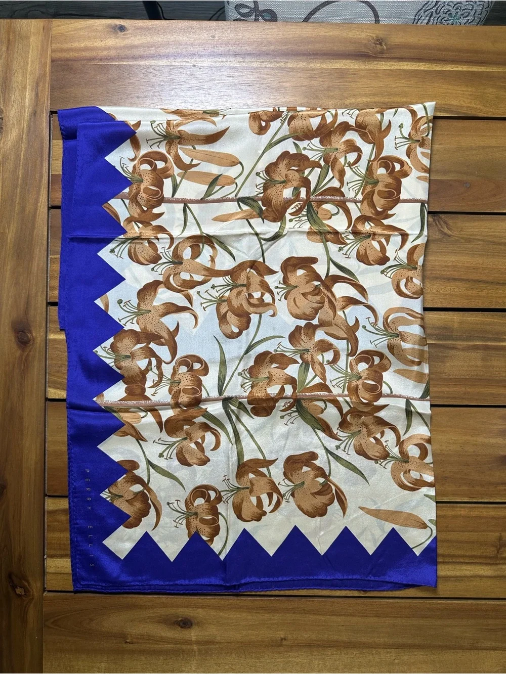 Perry Ellis Purple and Brown Floral 100% Silk Scarf